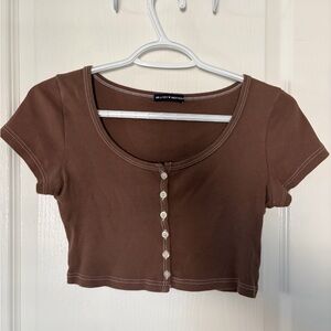 Brandy Melville Chocolate Brown Ribbed Button Crop Top